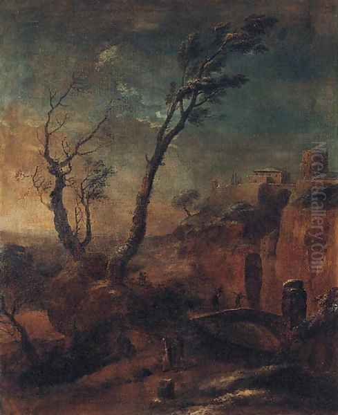 A mountainous landscape with travellers on a path and woodmen crossing a bridge - view 1