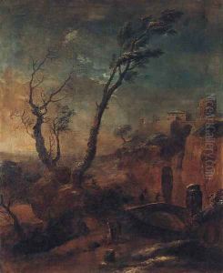 A mountainous landscape with travellers on a path and woodmen crossing a bridge by Salvator Rosa
