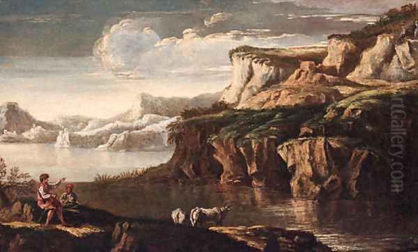 A rocky Italianate landscape with drovers and cattle at a pool - view 1