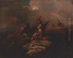 Banditti in an extensive rocky landscape