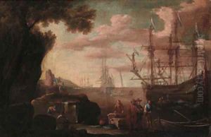 Mediterranean harbours with shipping by Salvator Rosa
