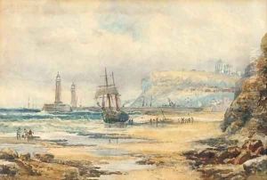 Unloading a beached brig, Whitby