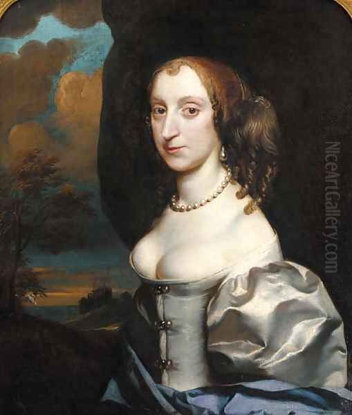 Portrait of a lady, half-length, in a white dress with blue wrap, in a landscape - view 1