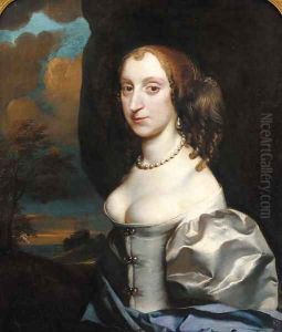 Portrait of a lady, half-length, in a white dress with blue wrap, in a landscape