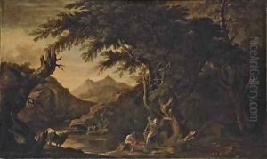 Argus, Io and Mercury in an extensive river landscape by Salvator Rosa