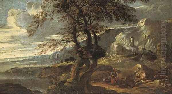 An extensive coastal landscape with classical ruins and figures at rest - view 1