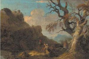A mountainous landscape with figures resting by a tree by Salvator Rosa