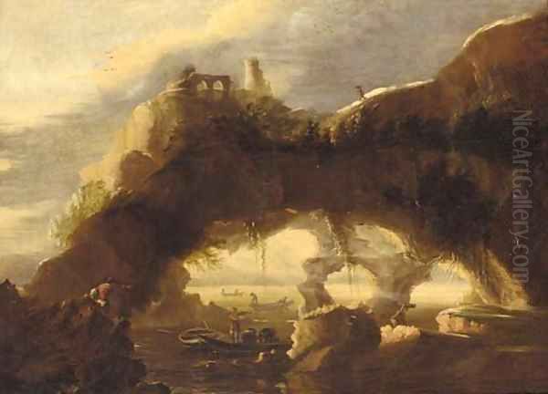 A rocky coastline with anglers before a natural arch - view 1