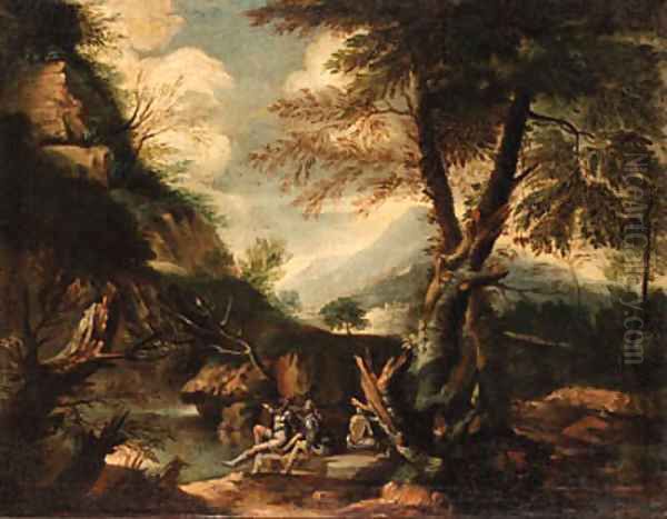 A wooded Italianate landscape with banditti on an outcrop - view 1