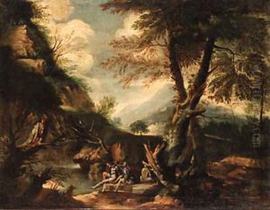 A wooded Italianate landscape with banditti on an outcrop by Salvator Rosa