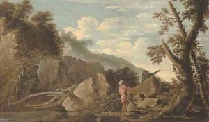 A wooded river landscape with figures in the foreground and a castle beyond by Salvator Rosa