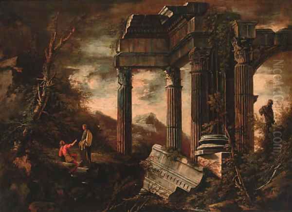 Figures resting before a classical ruin - view 1