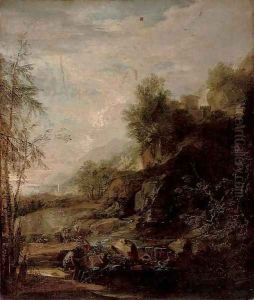 A mountainous landscape with anglers by a river by Salvator Rosa