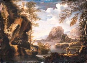 A mountainous river Landscape with Peasants conversing on a Bank