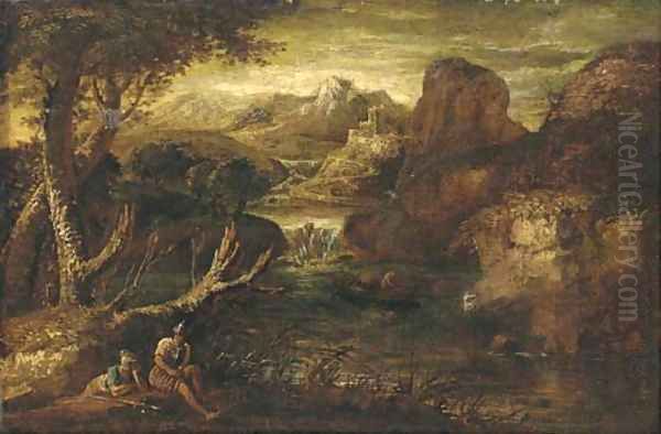 A mountainous river landscape with two soldiers at rest - view 1