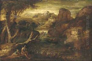 A mountainous river landscape with two soldiers at rest by Salvator Rosa