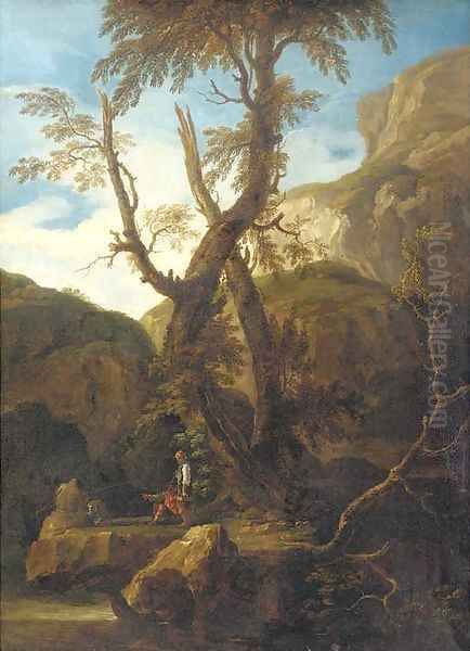 A rocky landscape with anglers by a stream - view 1