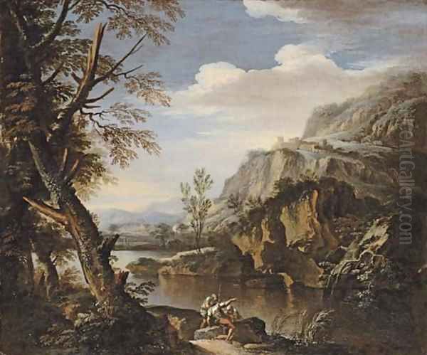 A mountainous wooded landscape with soldiers on a river bank - view 1