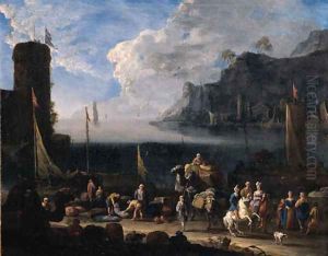 A mediterranean harbour with merchants unloading cargo and elegant travellers on a quay, at sunset