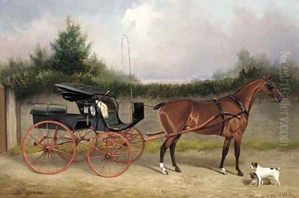 Shin-a-beg a bay horse in a phaeton, with a terrier and a pug in a stable yard - view 1