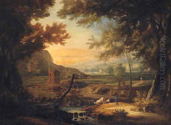 An extensive Italianate landscape with a herdsman by a stream - view 1