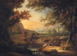 An extensive Italianate landscape with a herdsman by a stream