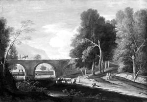 Extensive wooded landscapes with shepherds by a bridge and a lake