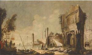 A capriccio of a Mediterranean harbour with figures amongst classical ruins