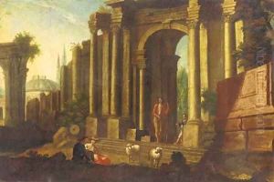 A capriccio of classical ruins with a shepherd and other figures