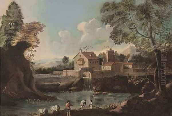 A landscape with travellers by a bridge 2 by Marco Ricci