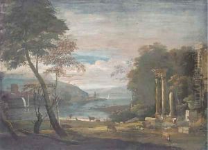 An estuary with ruins in the foreground