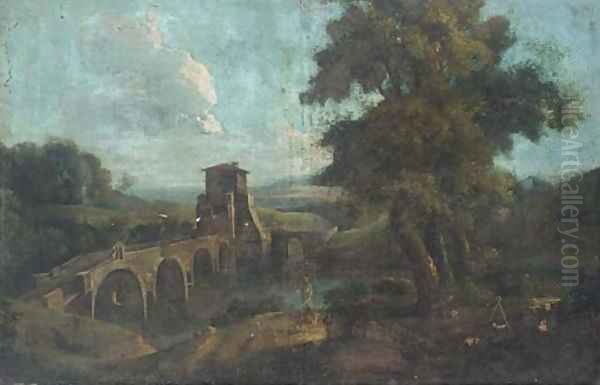 A landscape with travellers by a bridge - view 1