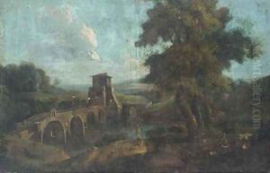 A landscape with travellers by a bridge