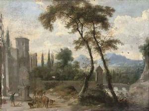 A river landscape with a turretted bridge and a drover by a statue