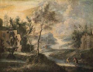 A River Landscape with Fisherman on a Bank near a Fountain