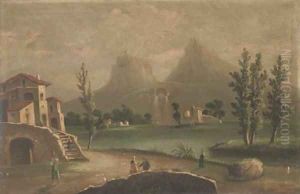 Figures in a continental landscape, with hills beyond