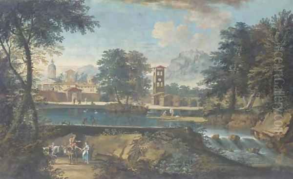 River landscape with bathers and a town in the background - view 1