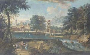 River landscape with bathers and a town in the background by Marco Ricci