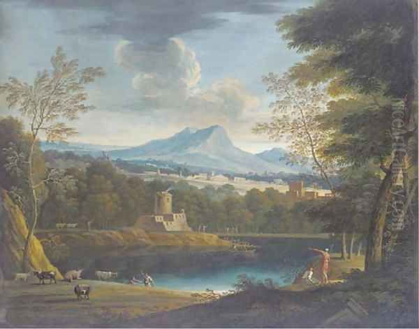 A classical landscape with a fortress on a lake, cattle in the foreground - view 1