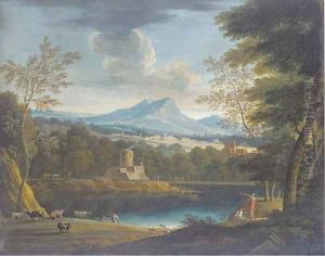 A classical landscape with a fortress on a lake, cattle in the foreground