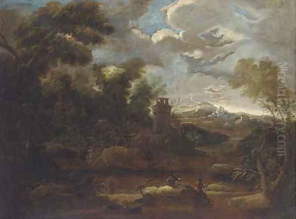 A mountain landscape with anglers by a river, a tower and a town beyond - view 1
