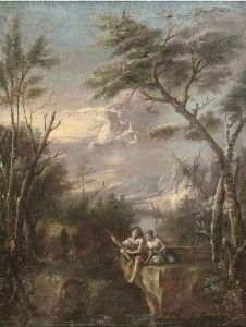A wooded river landscape with figures fishing on a cliff