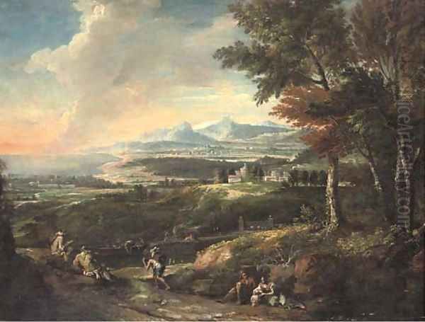 An Italianate landscape with monks and other travellers by a river, a bay beyond - view 1