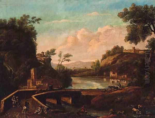 An Italianate river landscape with travellers and a drover crossing a bridge - view 1