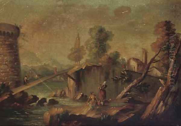 Washerwomen near a bridge, a fortress beyond - view 1