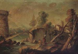 Washerwomen near a bridge, a fortress beyond