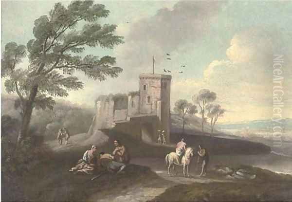 A coastal landscape with travellers at halt by a tower - view 1
