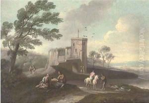 A coastal landscape with travellers at halt by a tower