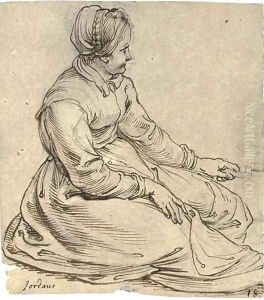 A seated girl wearing a cap, in profile to the right, turning a spit