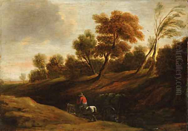 A wooded landscape with a peasant on a cart-horse - view 1